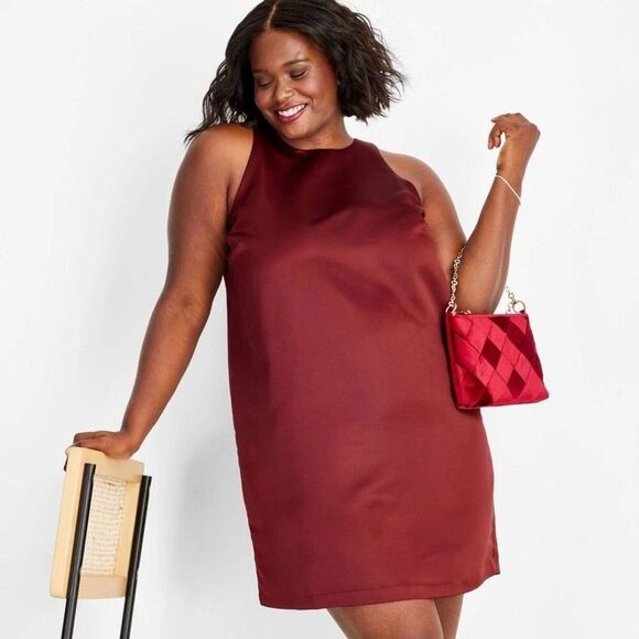 Future Collective Women's Holiday 90's Satin Mini Shift Dress Burgundy Size 3X - Picture 1 of 2